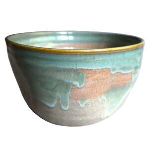 Vintage Handmade Pottery Bundt Cake Pan Bowl Signed Bakeware Drip Glaze 70s